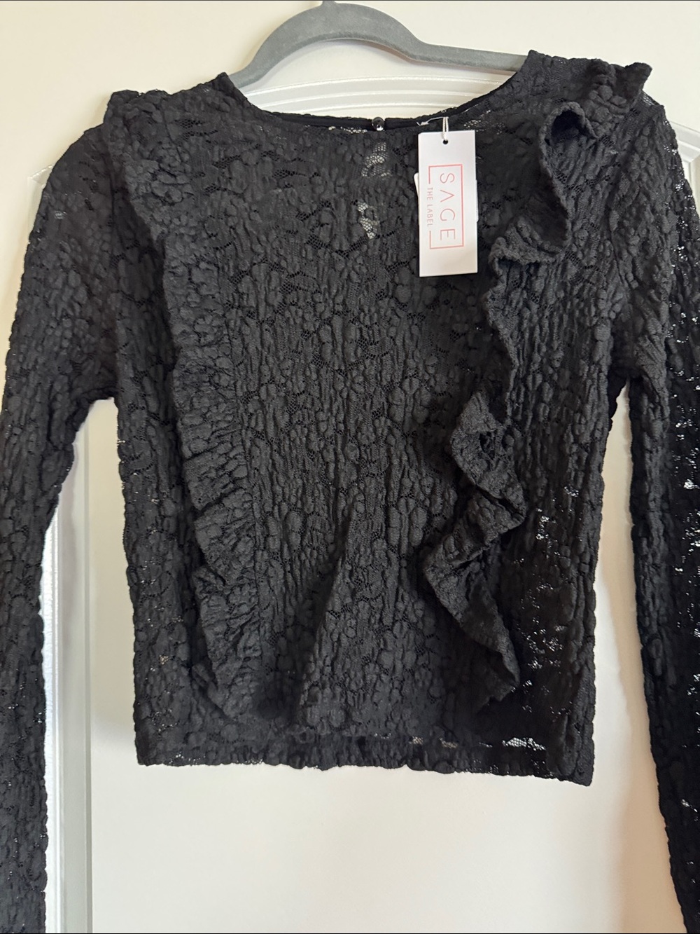 Sage Black Lace Ruffle-Accent Long Sleeve Top